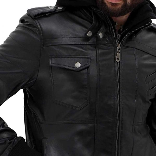 Edinburgh Black Leather Bomber Jacket With Removable Hood Men