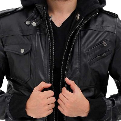 Edinburgh Black Leather Bomber Jacket With Removable Hood Men