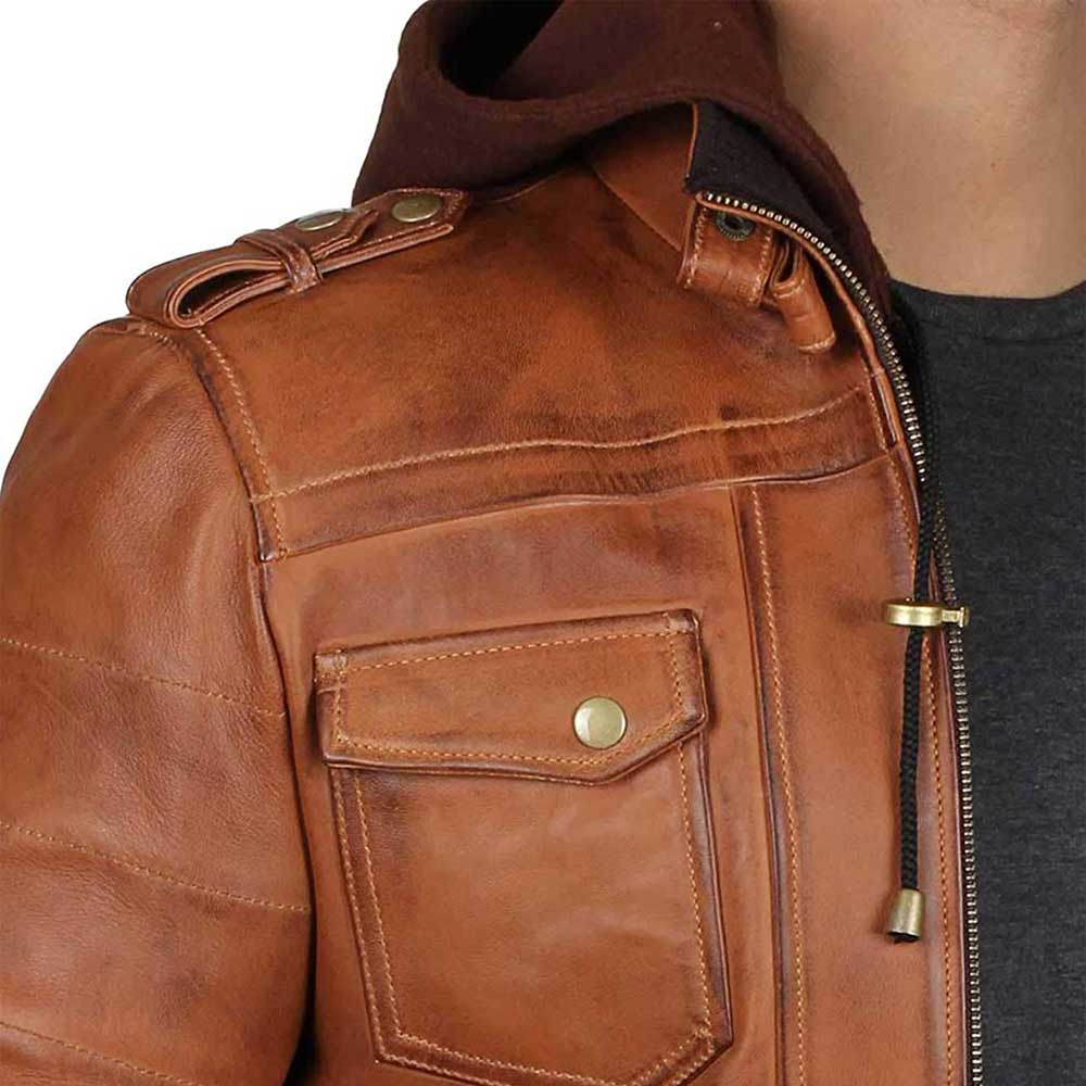 Edinburgh Brown Leather Bomber Jacket With Removable Hood Men