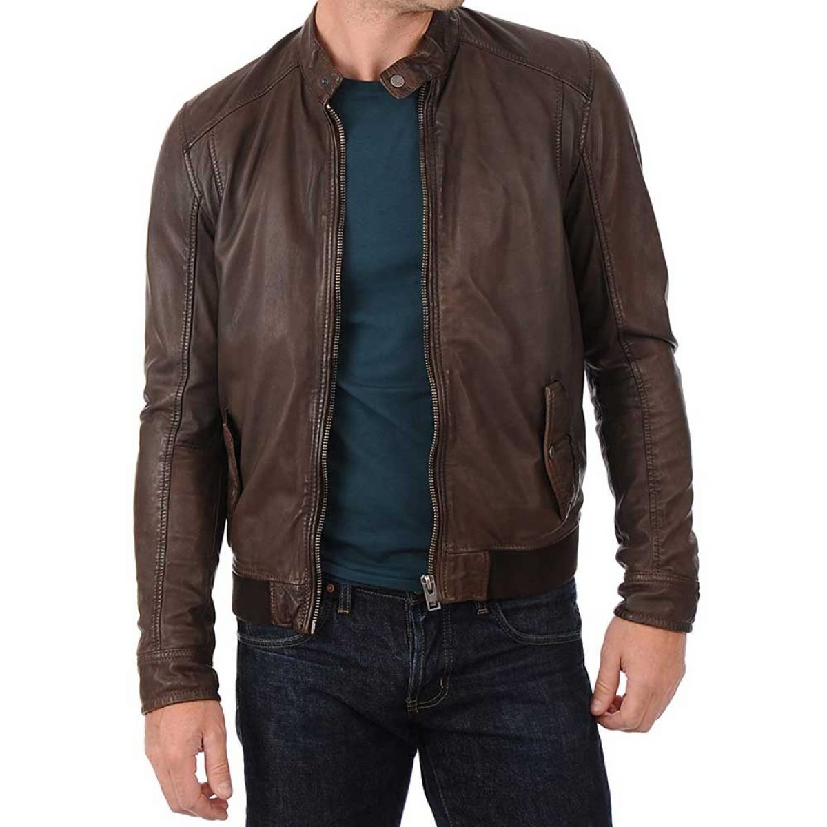 Men's Brown Bomber Leather Jacket with Rib Collar - The Leather Jacketer