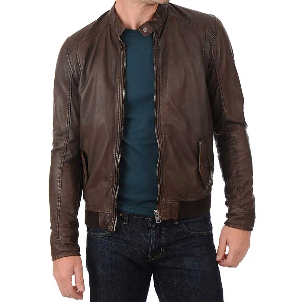 John Hunter Men's Brown Lambskin Leather Bomber Motorcycle Jacket