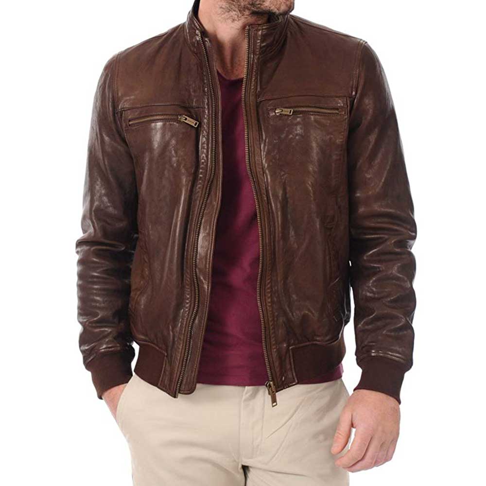 Men’s Brown Lambskin Leather Bomber Motorcycle Jacket - Jacket Empire