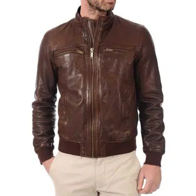 John Hunter Men's Brown Lambskin Leather Bomber Motorcycle Jacket