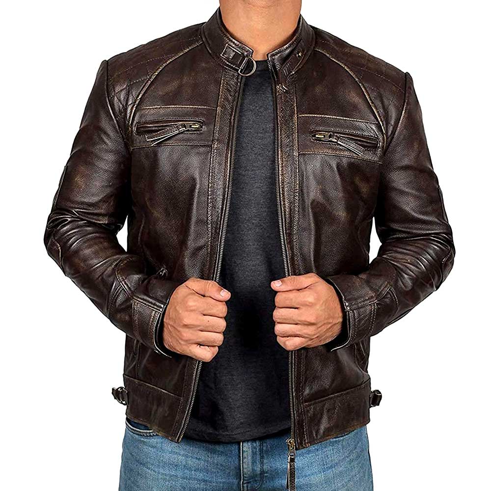 Johnson Brown Quilted Leather Cafe Racer Jacket Men