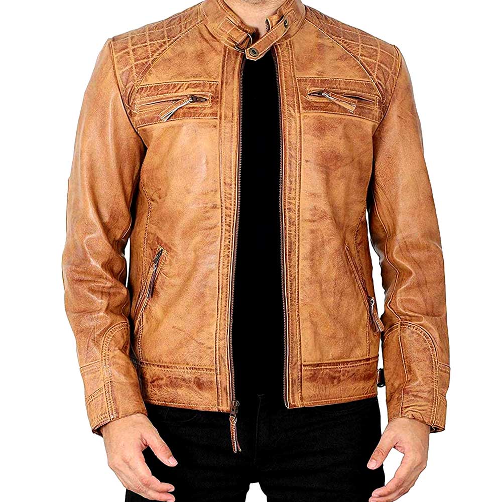 Johnson Camel brown quilted leather cafe racer jacket men