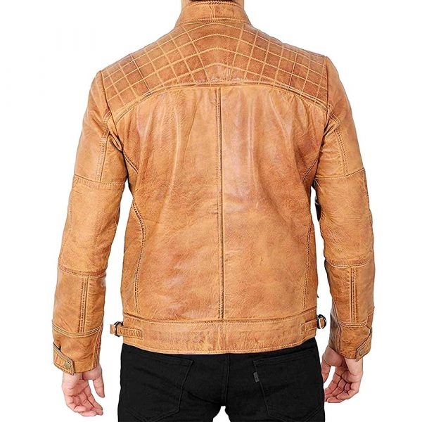 Johnson Camel brown quilted leather cafe racer jacket men