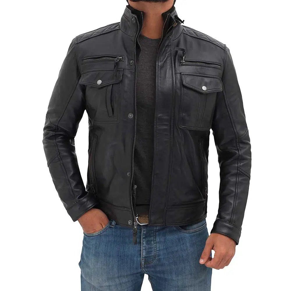 Moffit black leather motorcycle jacket men