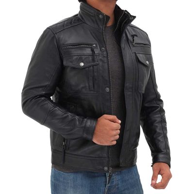 Moffit black leather motorcycle jacket men