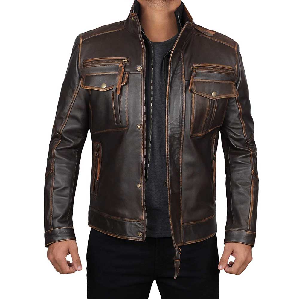 Moffit brown distressed motorcycle leather jacket men
