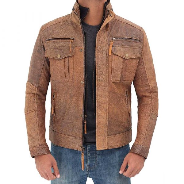 Moffit light brown distressed style leather motorcycle jacket men