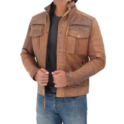 Moffit light brown distressed style leather motorcycle jacket men