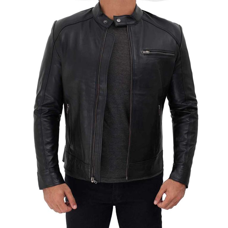 Peter Black Biker Leather Jacket With Stripes on Sleeves - Jacket Empire