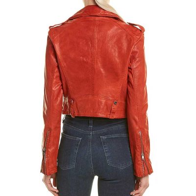 Red crop leather biker jacket womens