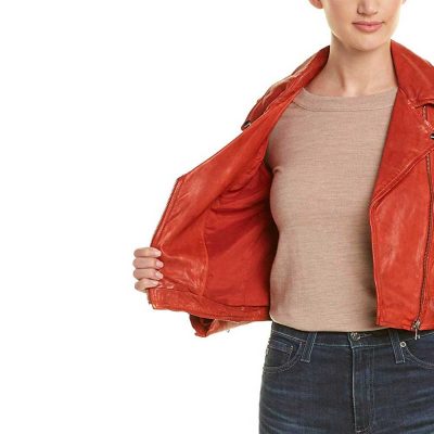 Red crop leather biker jacket womens