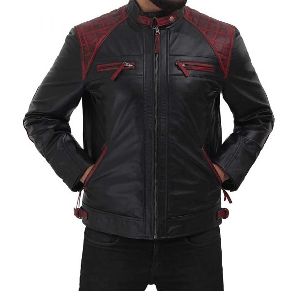 Rollins Black and Maroon Lambskin Leather Moto Biker Jacket Men