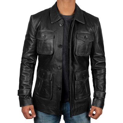 Thomas Vintage Style Long Black Leather Jacket Coat Mens