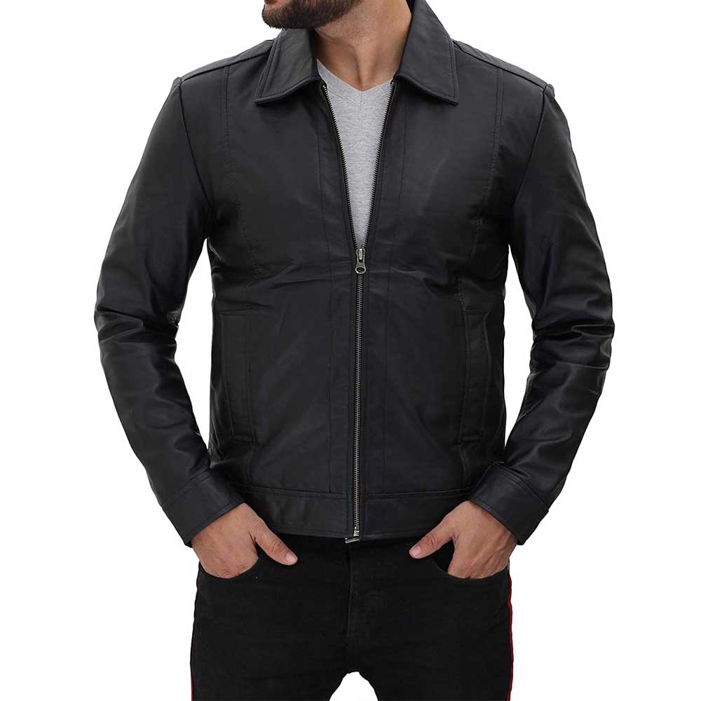 Winick Black Real Lambskin Leather Moto Biker Jacket Men