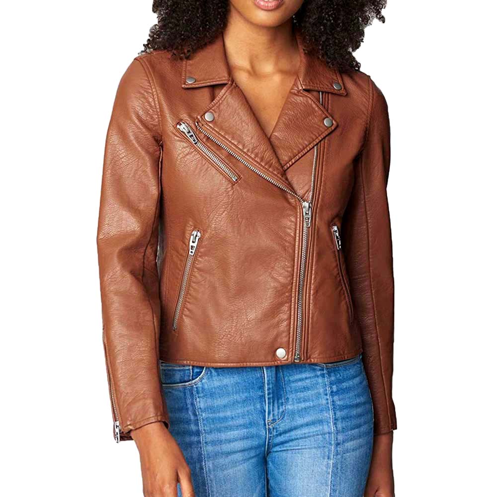 Brown asymmetrical motorcycle leather jacket Women