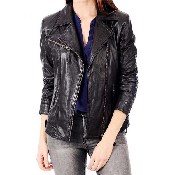 Women's black lambskin leather biker jacket