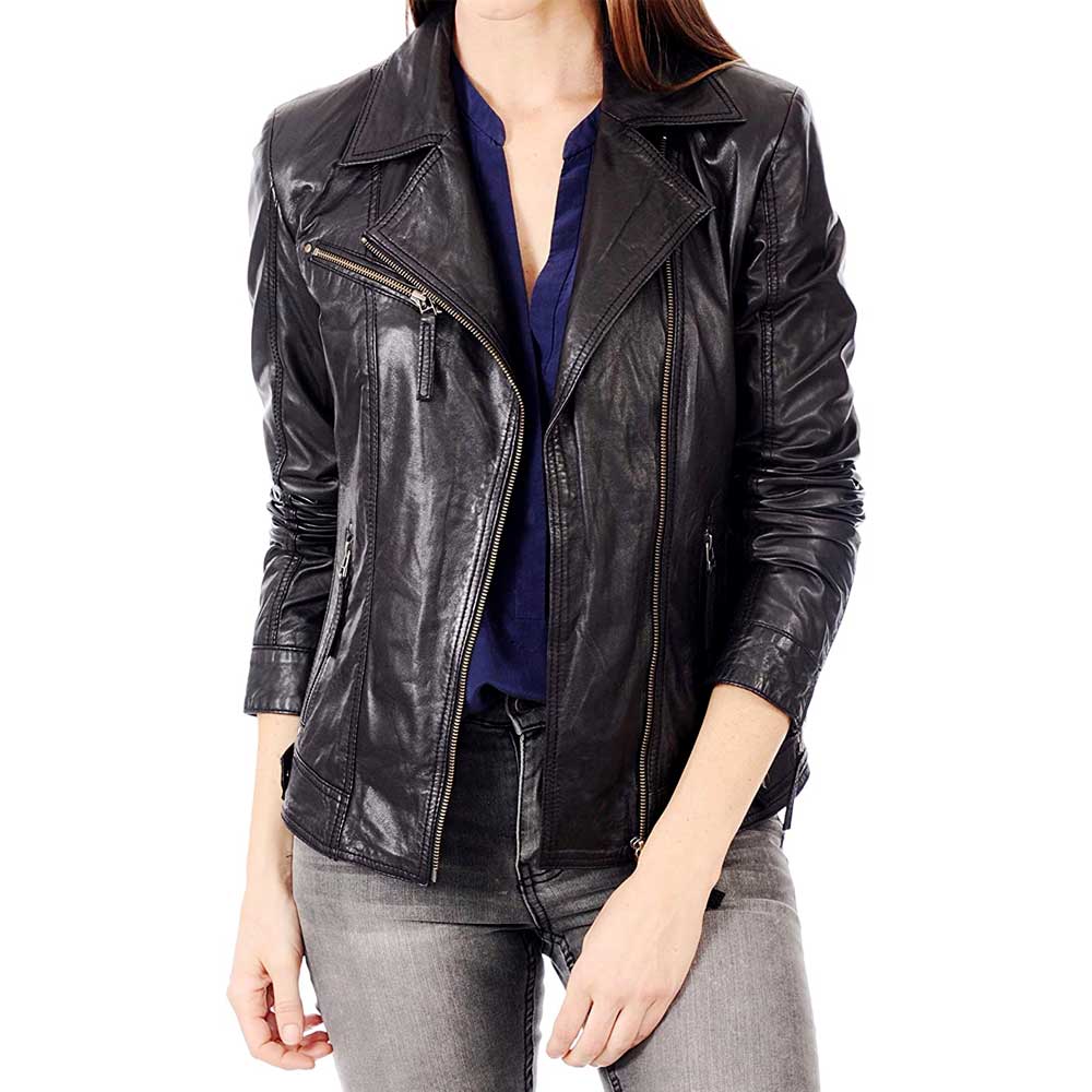 Women's black lambskin leather biker jacket