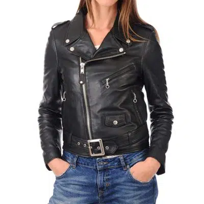 Women's black lambskin leather biker jacket