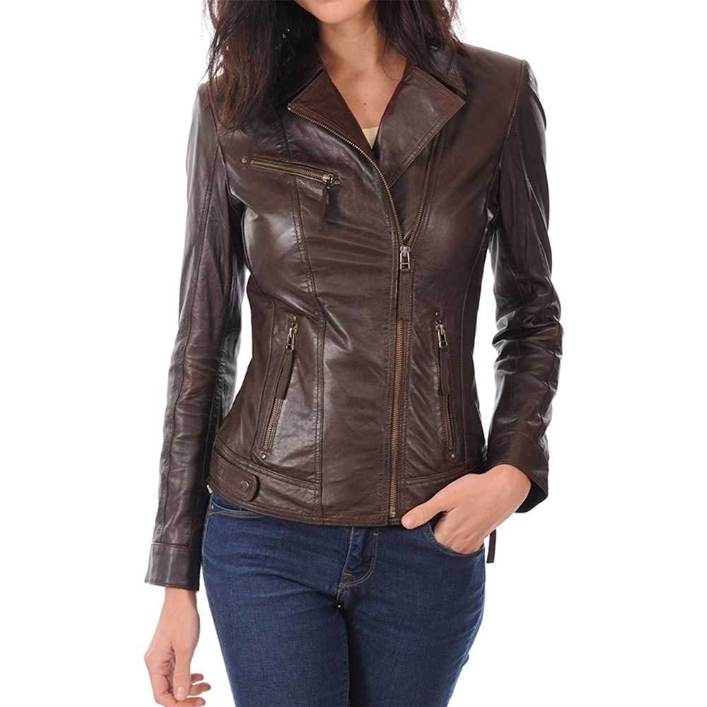 women's brown lambskin leather biker jacket