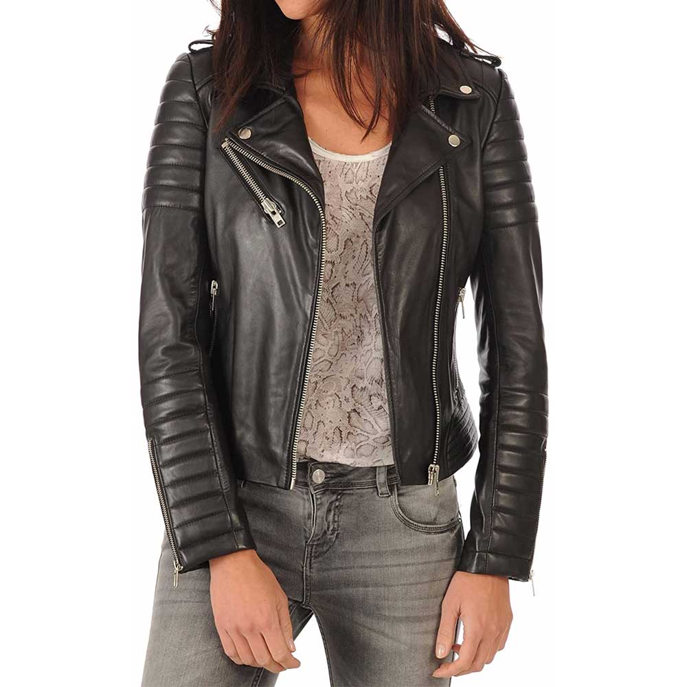 Women’s Genuine Black Lambskin Leather Biker Jacket - Jacket Empire