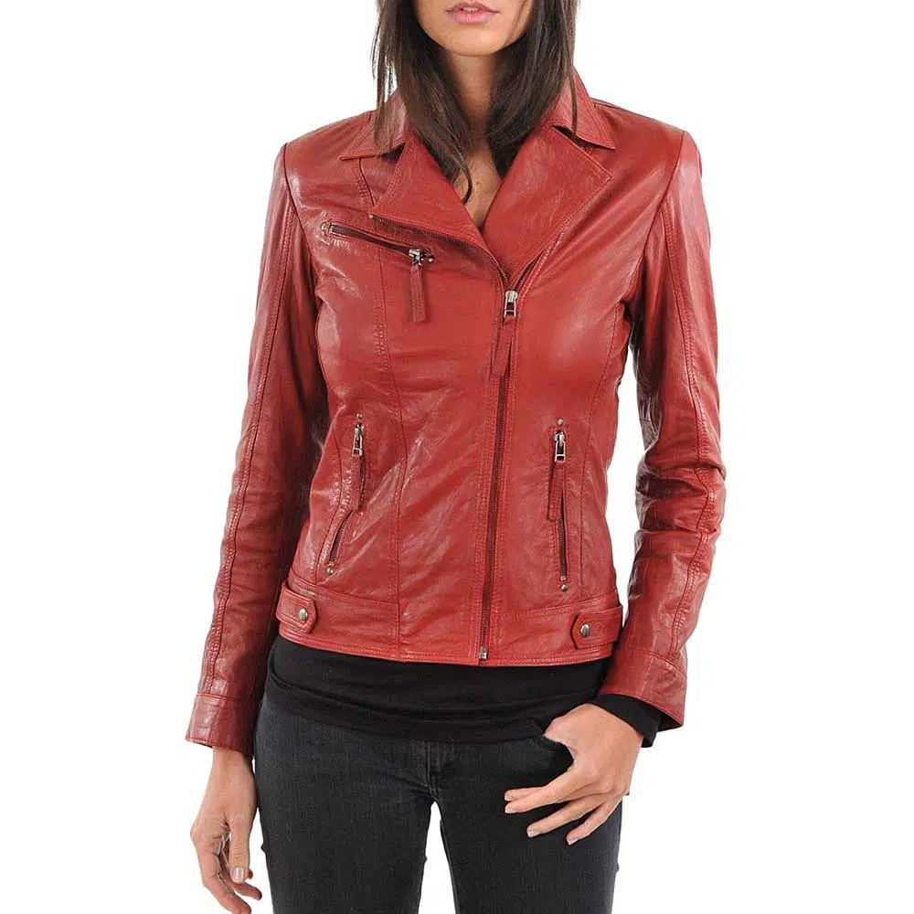 women's red lambskin leather biker jacket