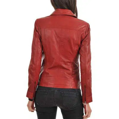 women's red lambskin leather biker jacket