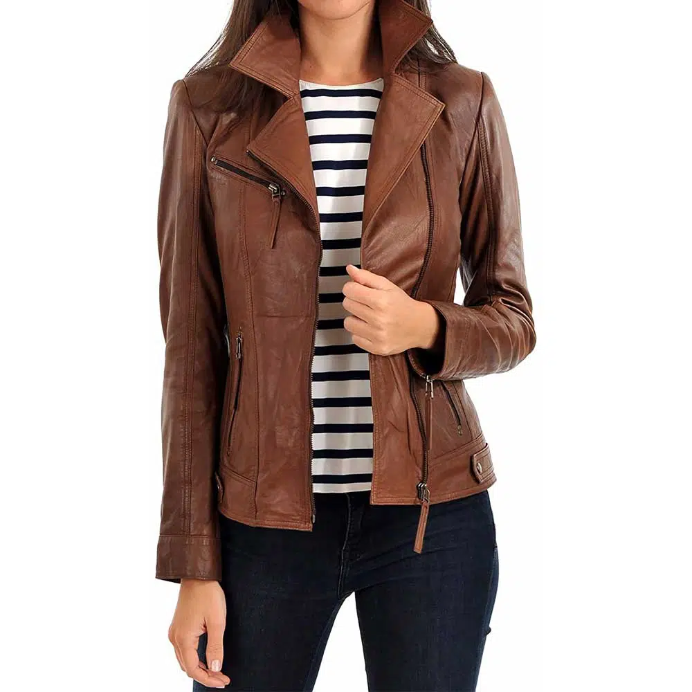 women's tan lambskin leather biker jacket