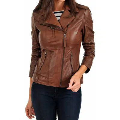women's tan lambskin leather biker jacket