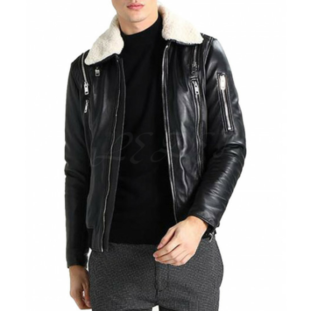 This black leather jacket features a white fur collar, adding a touch of elegance to any outfit.