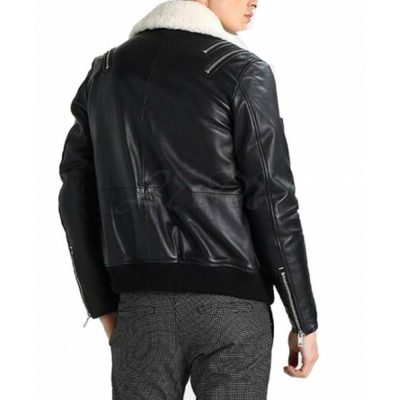 A sleek black leather jacket with a contrasting white fur collar, ideal for adding a unique touch to your winter wardrobe.