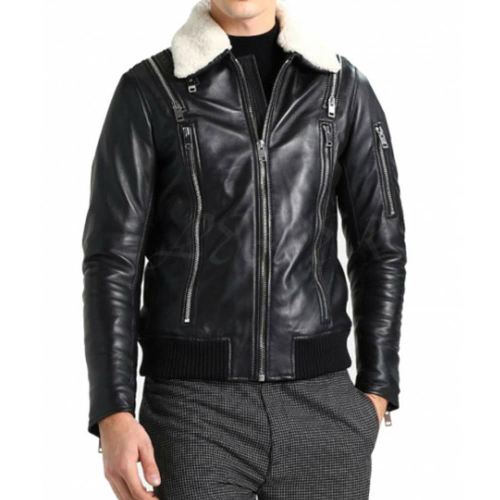 A black leather jacket with a white fur collar, perfect for staying warm and stylish during the colder months.