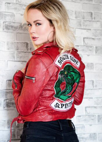 Girl showing her backside of cheryl blossom worn leather jacket in a series.