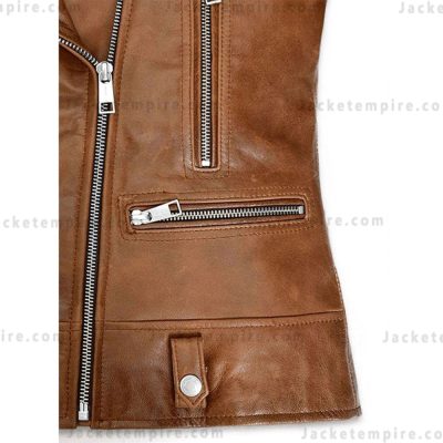 multiple pockets on brown leather jacket
