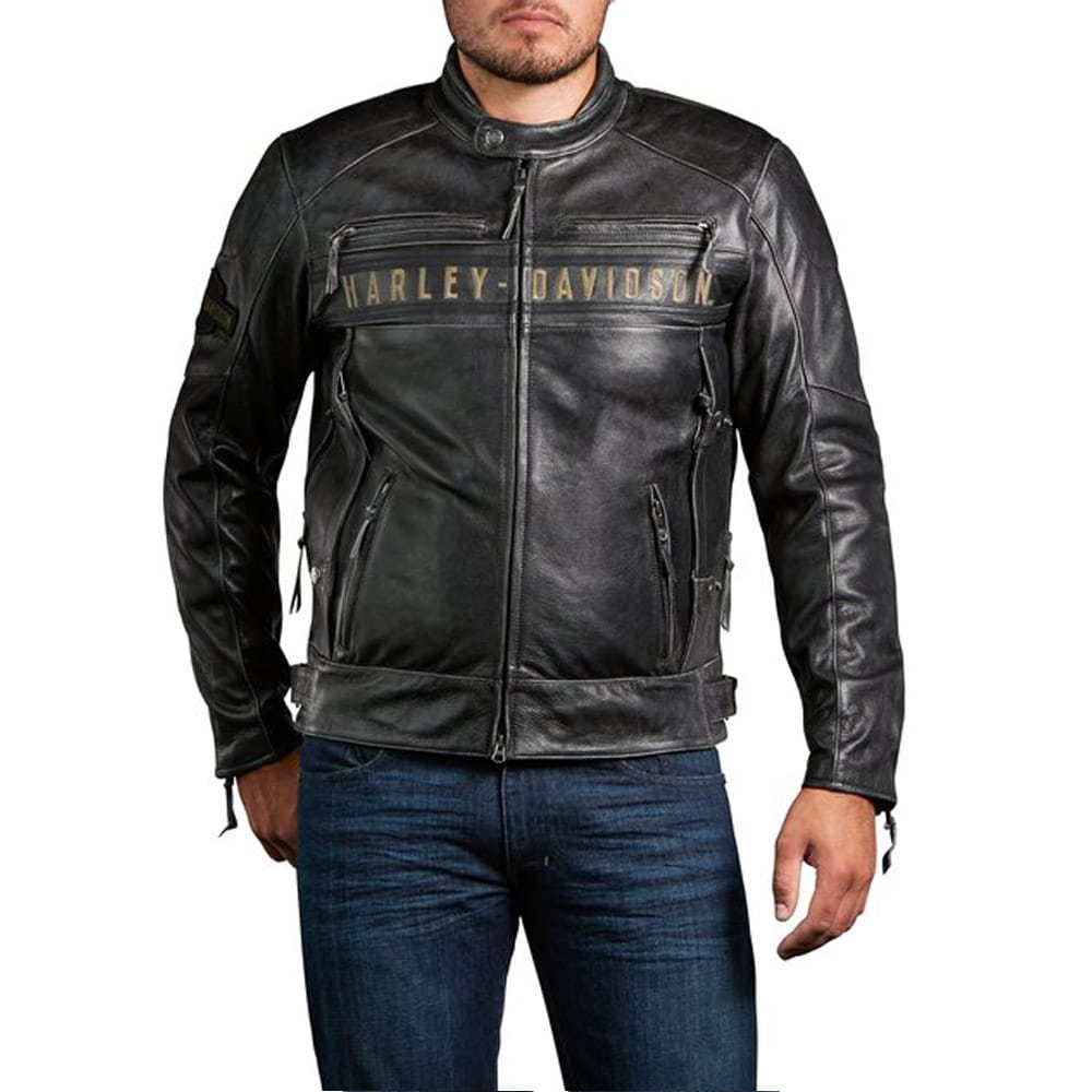 A vintage Harley Davidson leather jacket, perfect for adding a touch of nostalgia to your motorcycle ride.