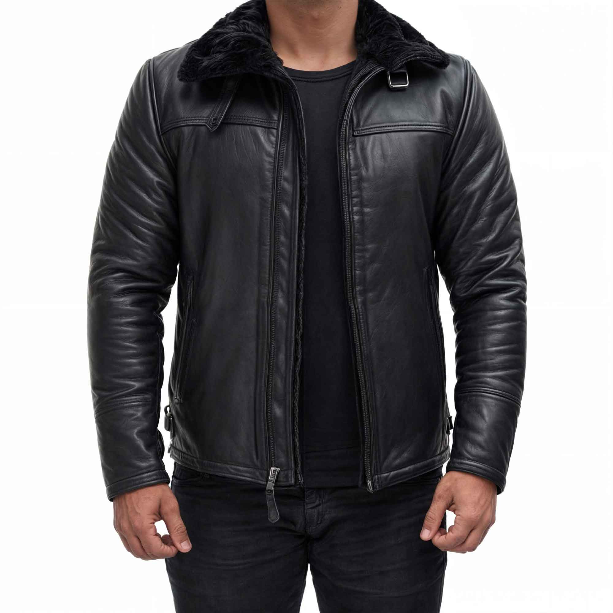 A man wearing a black leather jacket with fur collar, featuring zippered pockets, a hood, and a shearling collar.
