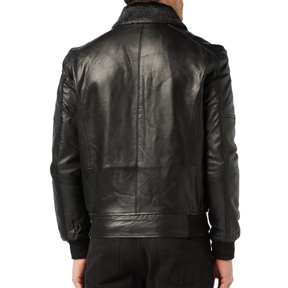 A front view of the black leather bomber jacket with a fur collar, showing off its 4 front pockets and front zip closure