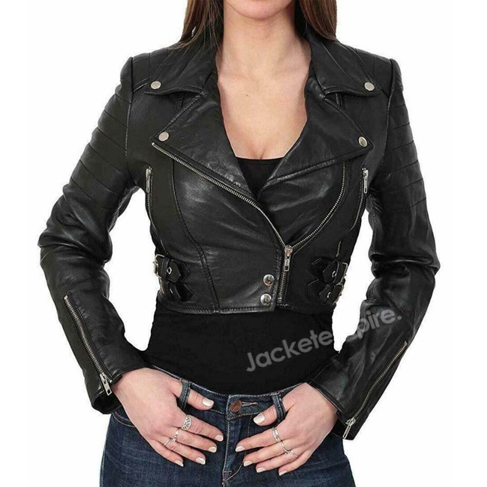 Stylish Black Cropped Leather Biker Jacket - Trendy Club & Party Wear