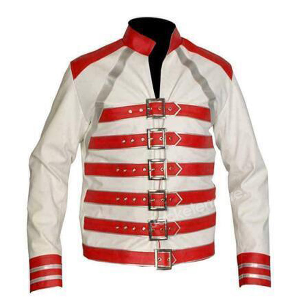 White Freddie Mercury Black Leather Jacket with Red Accents - Iconic Replica from Wembley Stadium Performance