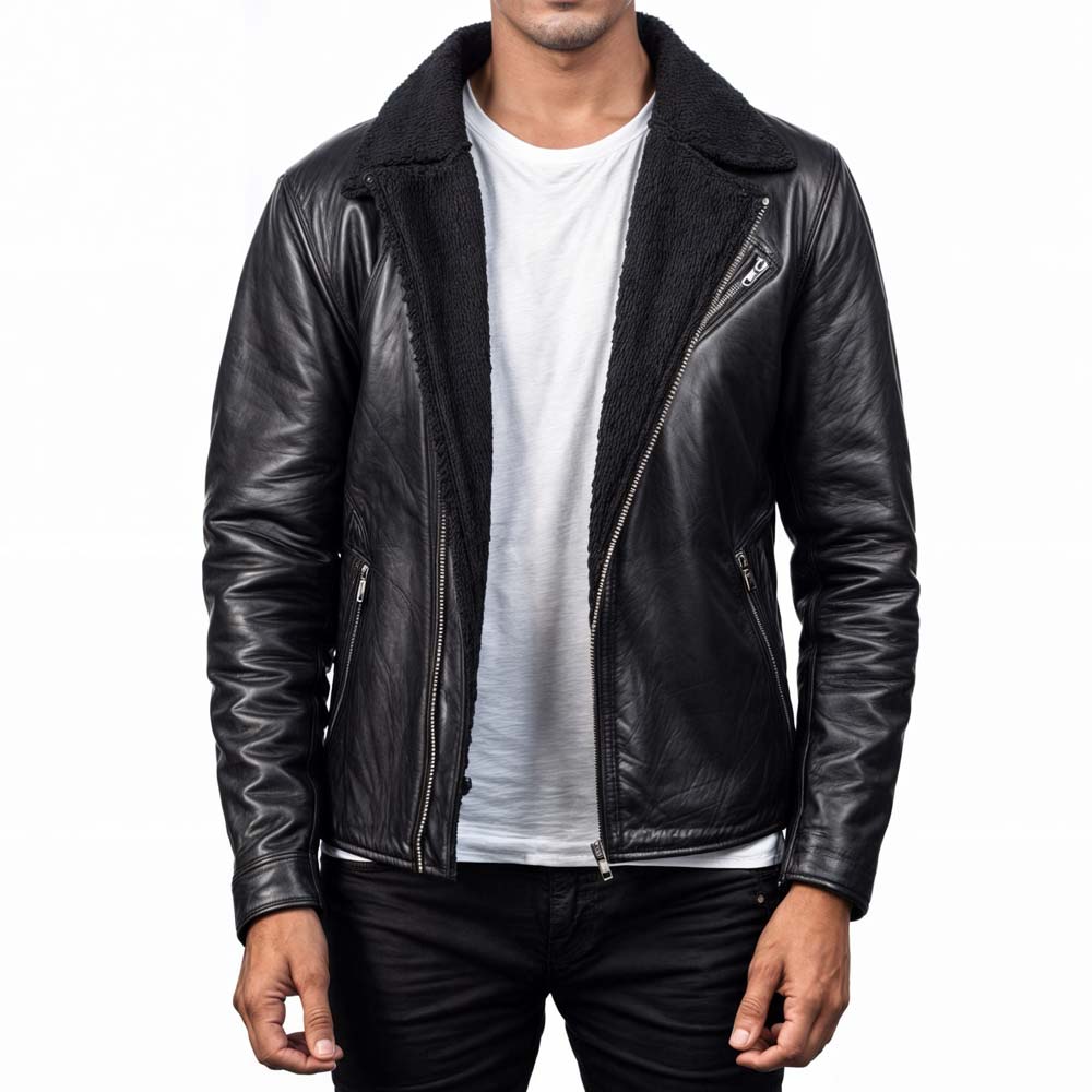 Black Leather Jacket with Black Fur Collar