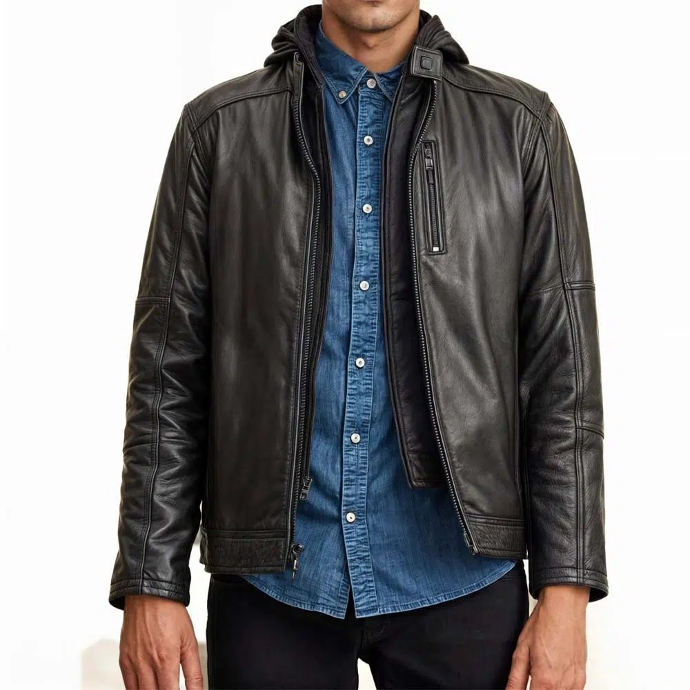 Hooded Black Lined Leather Jacket Mens