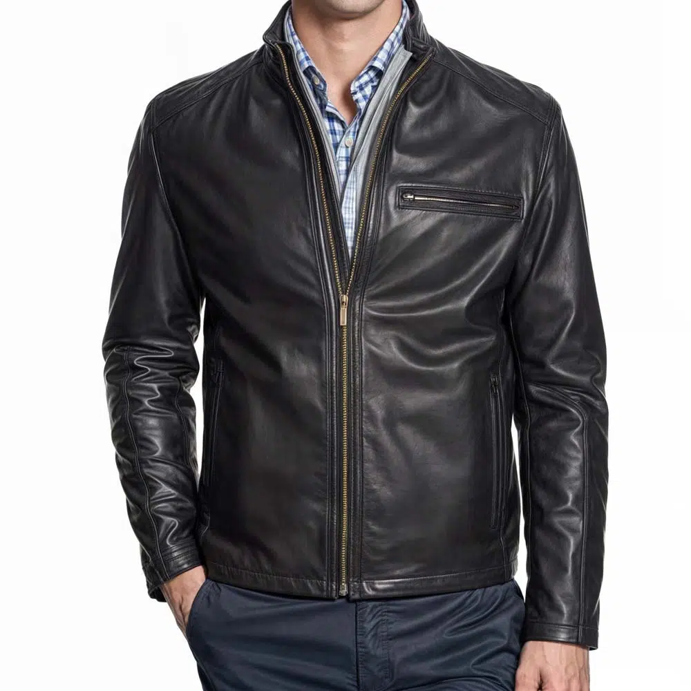Stand Collar Black Leather Jacket Mens
