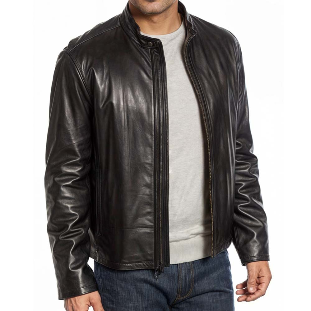 Sleek Black Genuine Leather Biker Jacket Mens