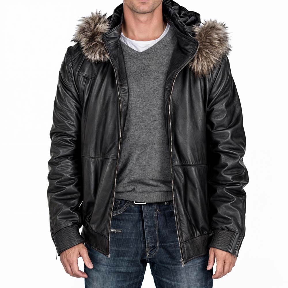 Fur Hooded Long Leather Jacket Mens