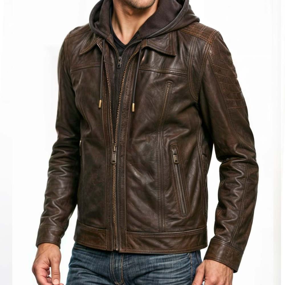 Brown Hooded Leather Jacket Mens
