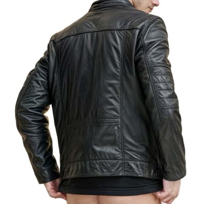 Black Genuine Stand Collar Leather Jacket Mens