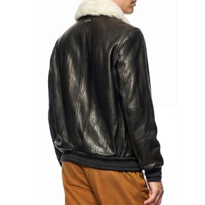 Shearling Fur Collar Leather Bomber Jacket