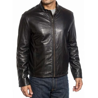 Sleek Black Genuine Leather Biker Jacket Mens